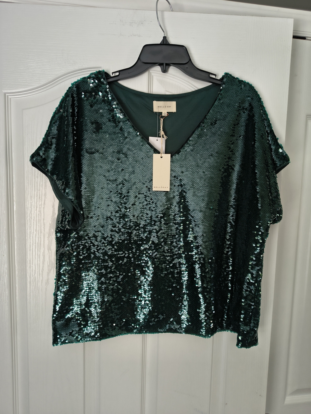 Melloday Sequin Top NWT Emerald Green V Neck Sparkly Christmas Party Blouse